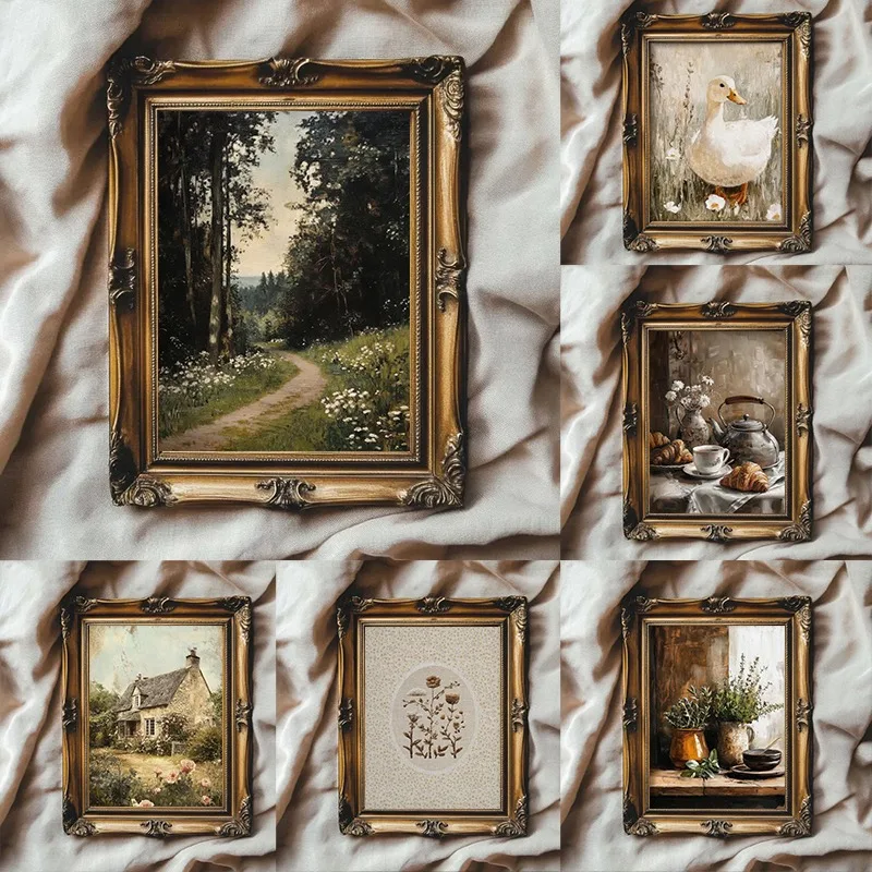 Antique English Countryside Spring Forest Embroidered Dried Flower Poster Canvas Painting Wall Art Pictures Home Decor