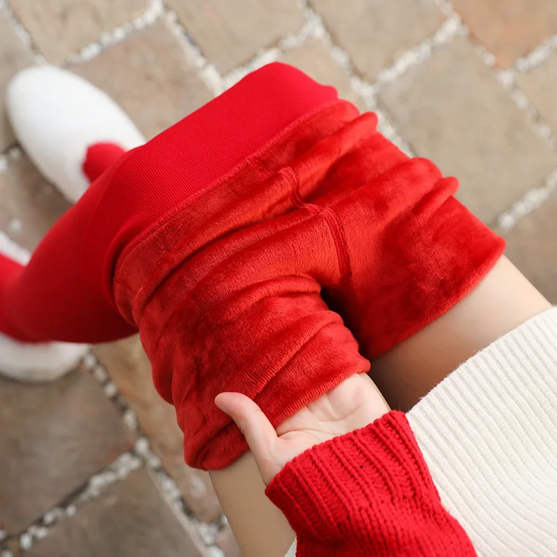 Boutique New Design Red Women Leggings Warm Pants Winter Plush Thickened Pantyhose Wear Bright Wedding Autumn Premium Tights