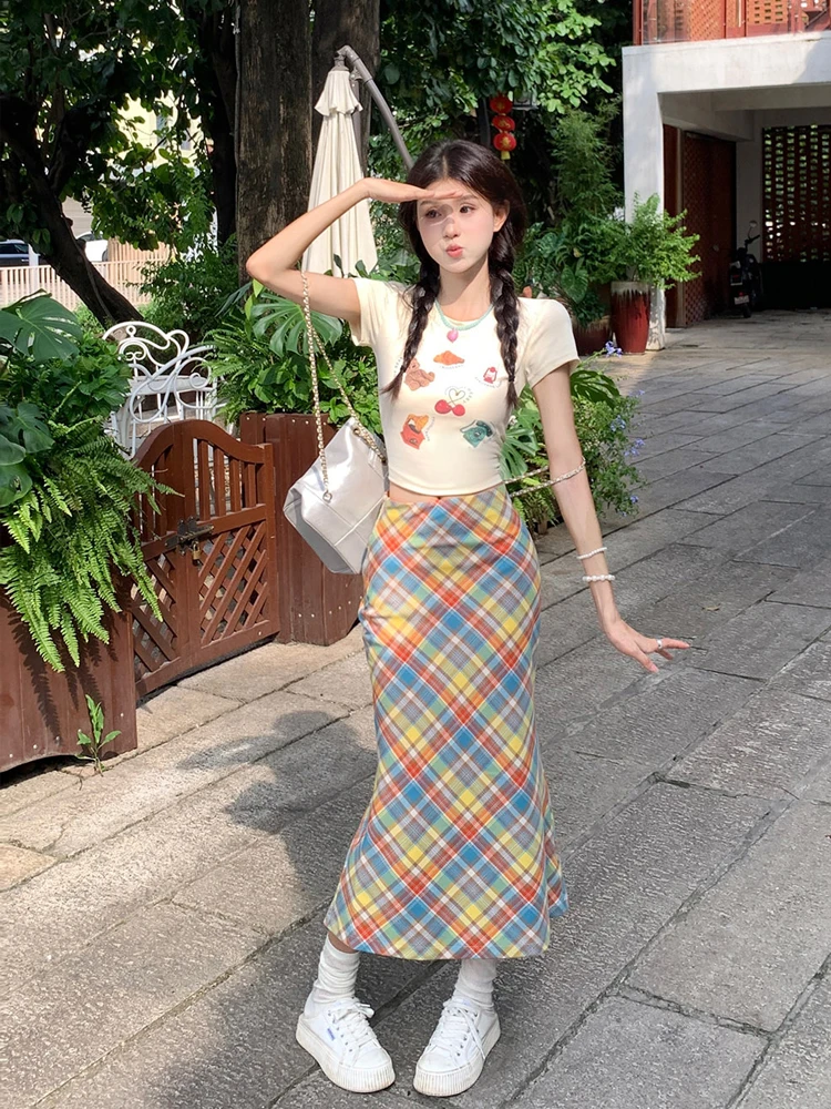 Women's Cute Japan Style Straight Slim Plaid Skirt Lady Summer Sweet Long Skirt