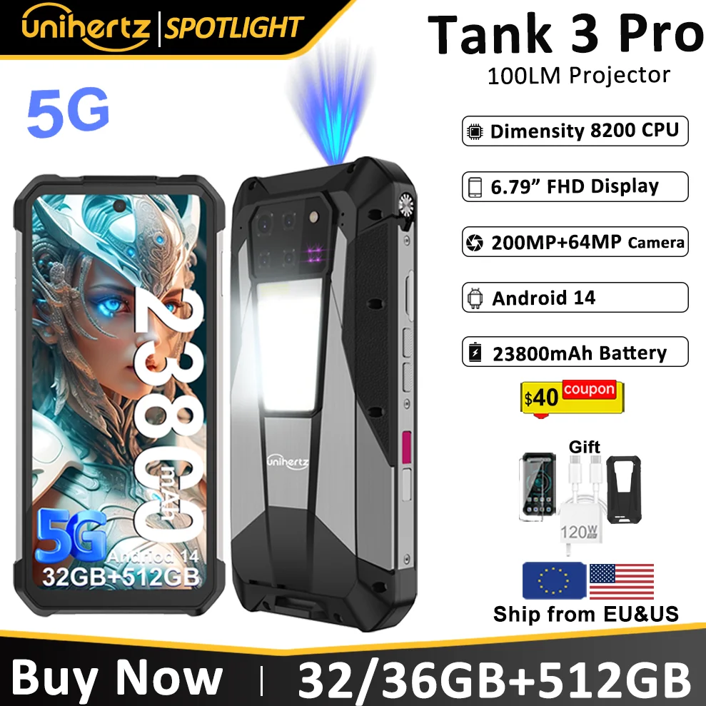 Unihertz tank 3 pro 8849 com projetor de 100 lúmens 120hz, 32gb/36gb ram, 512gb de rom, 23800mah 120w carregador rápido, 5g, câmera de 200mp
