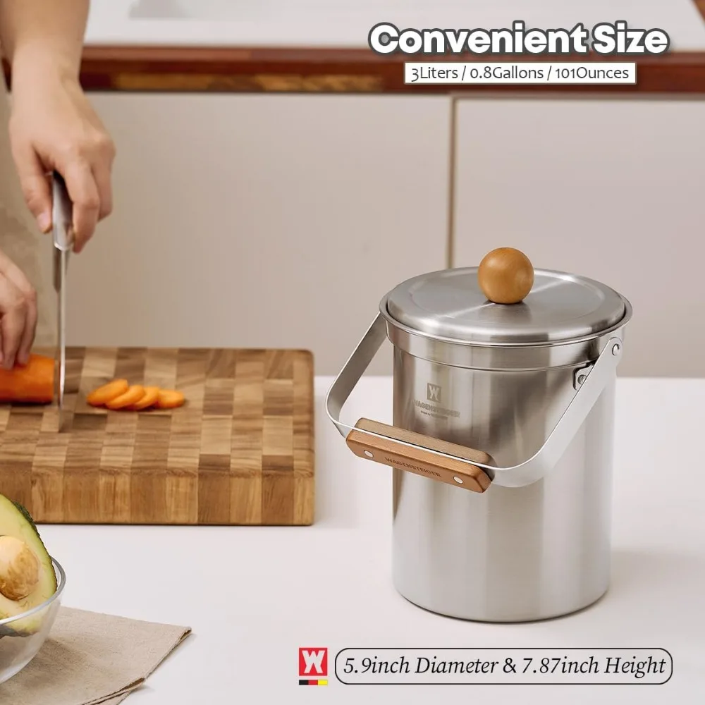 3L Stainless Steel Compost Bin with Airtight Lid, Odor-Free Kitchen Countertop Trash Can, Wooden Handle Design
