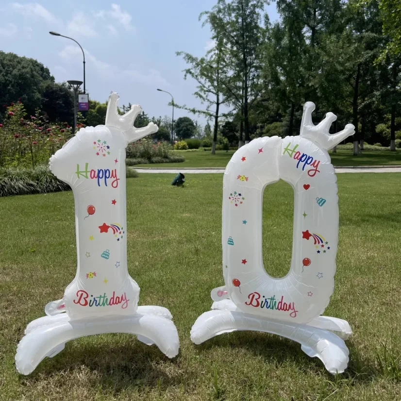 1 Stück 32 Zoll großer weißer Zahlenballon aus Aluminiumfolie mit Aufdruck „Happy Birthday“ und Krone für Geburtstagsfeiern und Jubiläen – Detail 3