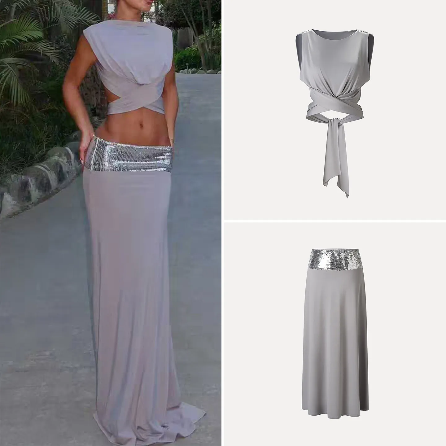 

Elegant Sexy Simple Back Strap Knitted Set Women's Fashion Spring Outfit High Waist Knot High Quality Chinese Brand