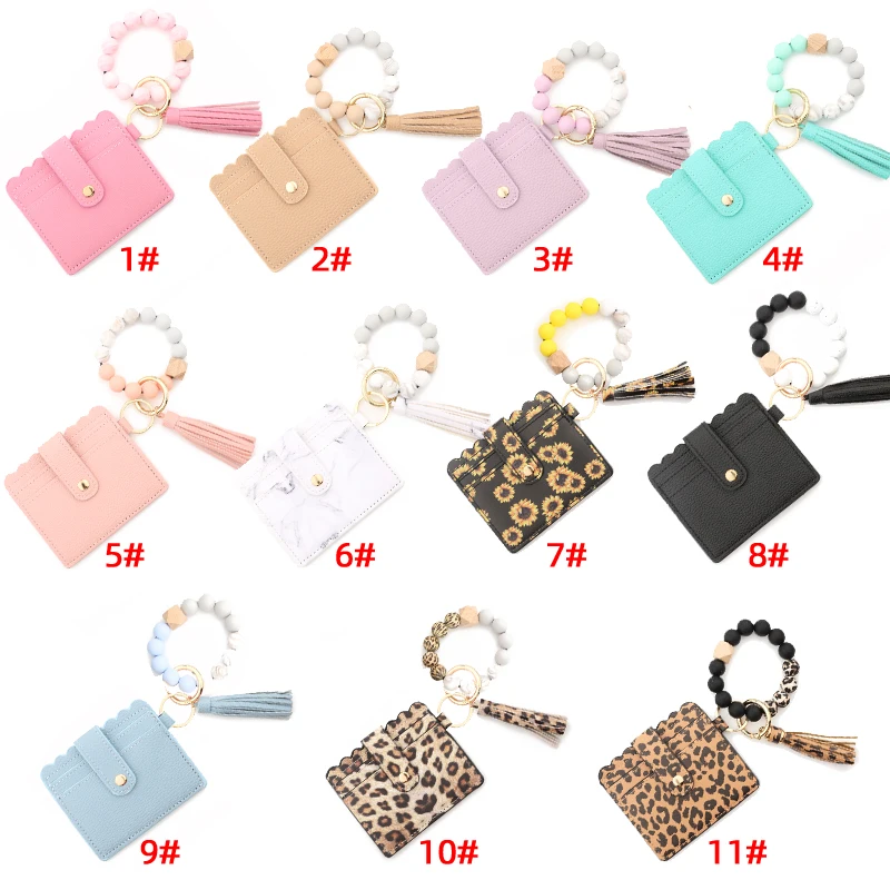 Silicone Bead Bracelet Solid Leather Card Bag Wristlet Keychain Silicone Beaded Bracelet Leather Tassel Wallet Bangle