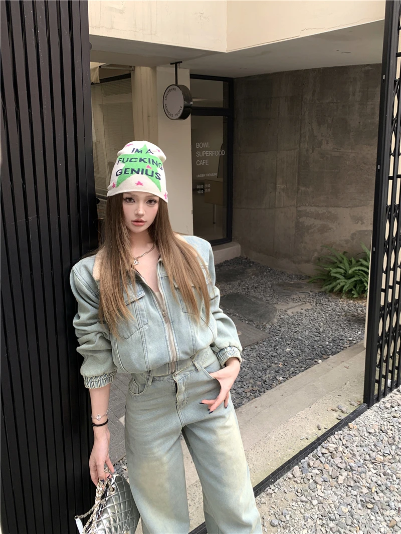 

Denim Coats Woman Diamond Fur Plush Womens Fall Fleece-Lined Hooded Adjustable Patchwork Outwears Professional Checked Jackets