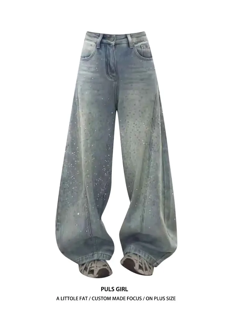 

Retro American Large Size Denim Jeans Women's High Waist Wide Leg Pants Heavy Embellishment Faded Style Casual High Waist