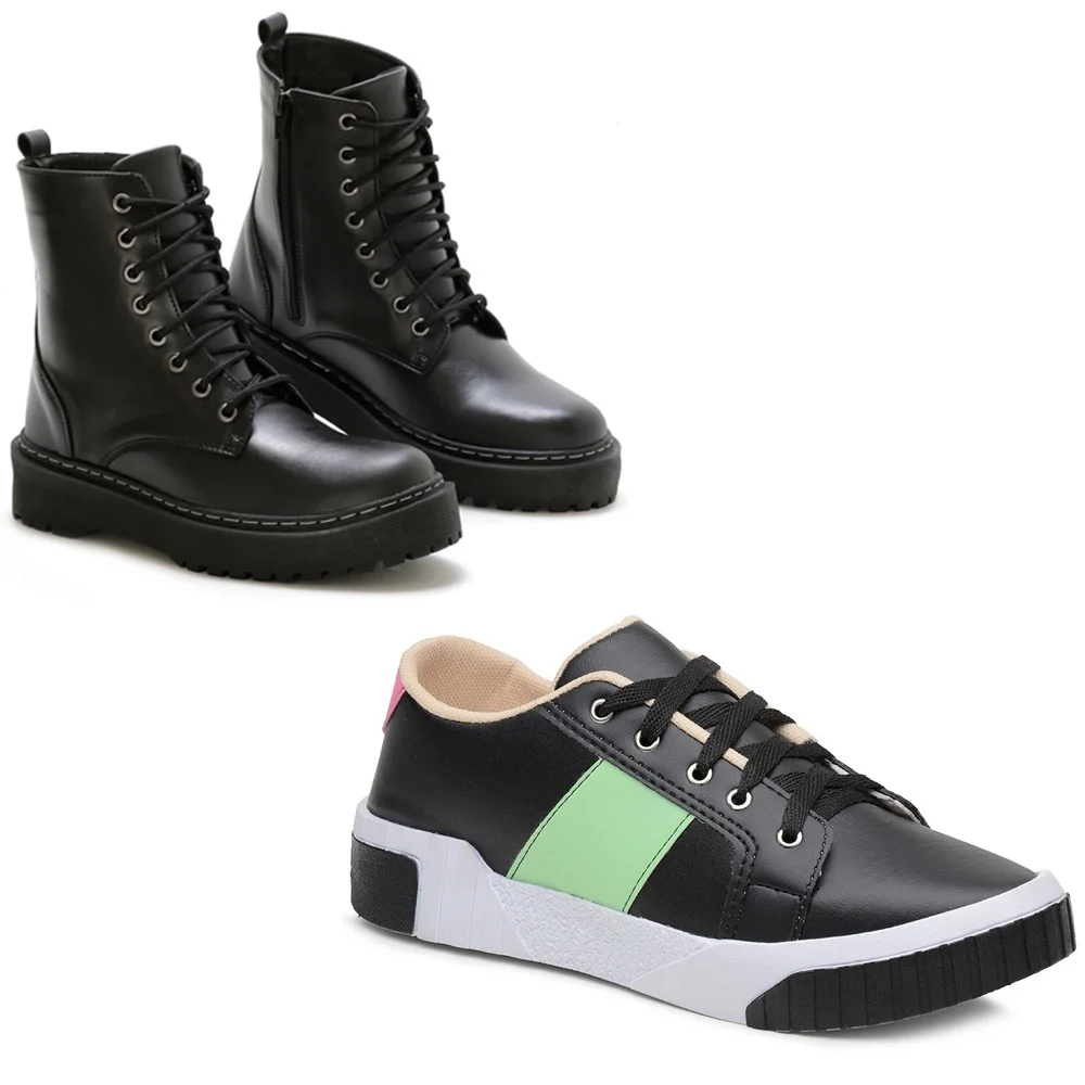 Kit Tênis Sneaker Juliette Feminino Plataforma Casual Preto and Bota Feminina Plataforma Stiloclub Preto Promoção