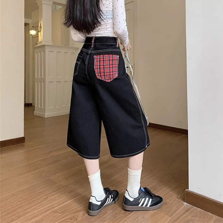 

American Style Loose Fit Seven Inch Denim Shorts Women Summer Vintage Plaid Straight Leg High Waist Slimming Versatile Trendy