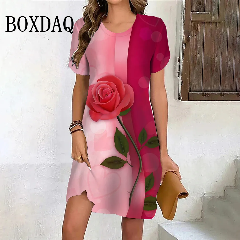 2024 New Summer Dresses Women Flower Patter 3D Print Mini Dress Loose Casual O-Neck Short Sleeve Pullover Ladies Fashion Clothes