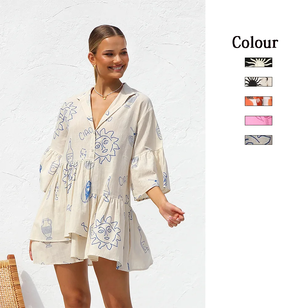 Shirt Short Dress Simple New Loose Short Suit Women's Printed Half-sleeved V-neck Irregular Pleated Dress Casual Clothing