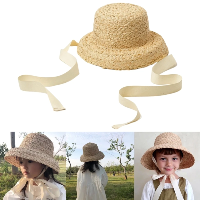 

Handwoven Straw Hat for Kids Girls Summer Sun-shade Bucket Hat Wide Brim Flat Top Hat Lace-Up Beach Cap Photo Props Hat