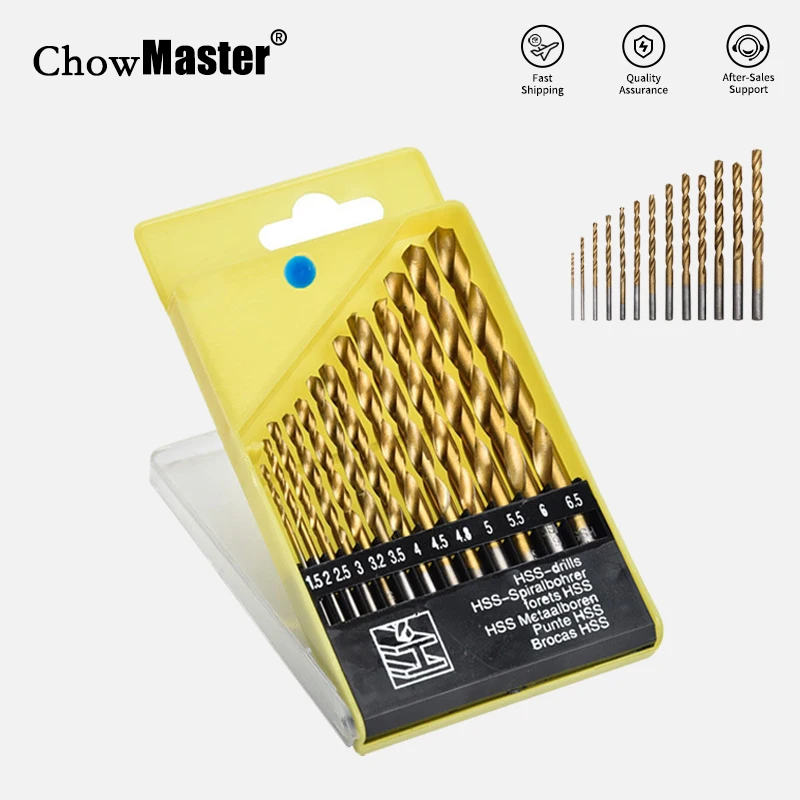 

Chowmaster с титановым покрытием, 13 шт., спиральная бита с прямым хвостовиком 1,5-6,5 мм, пластиковая коробка, упаковка, сверло, набор аксессуаров для электрических инструментов
