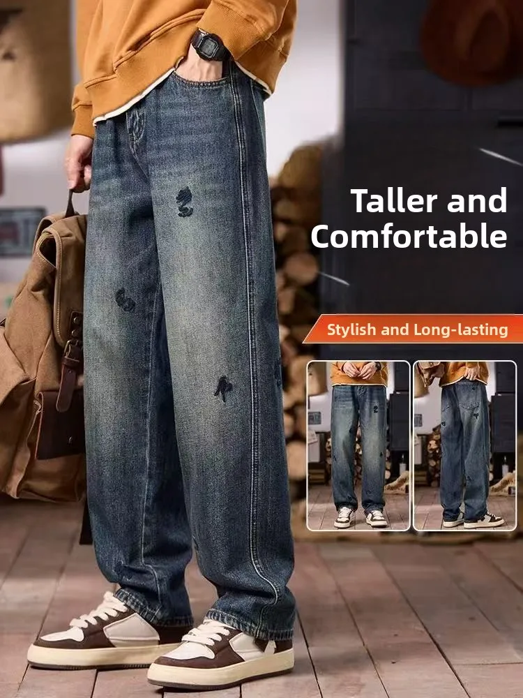 

Мужские джинсы свободного кроя с прямыми штанинами, осенне-зимние, новые, с вышивкой, модные, в американском ретро-стиле, крутые, хлопковые, повседневные брюки