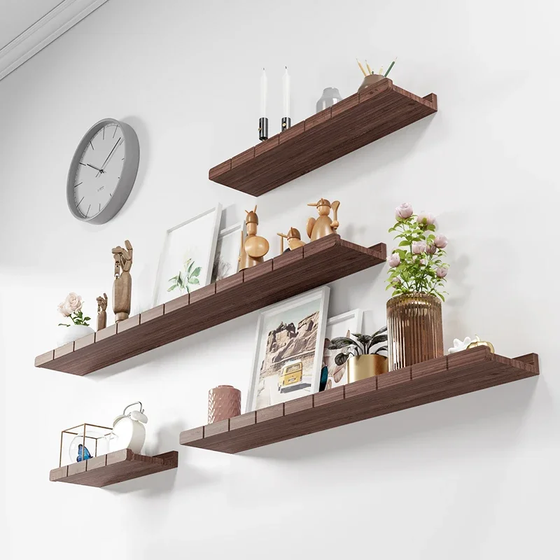 Solid wood wall shelf punching-free wall hanging bedside partition wall bookshelf TV router decoration