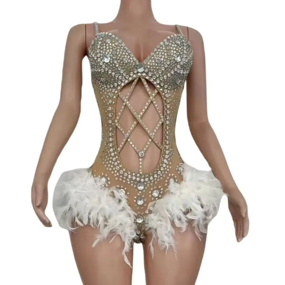 Sparkly Crystals tutu Luxury Hollow Out High Cut Thong One Piece Leotard for Show Party Sexy Women Elegant Feather Bodysuit