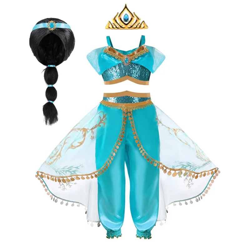 Disney Jasmine Princess Dress for Girls Cosplay Aladdin Magic Lamp Costume Outfit Girls Halloween Kids Carnival Dance Vestidos