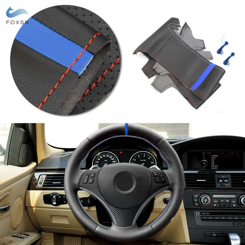 Car Steering Wheel Cover Trim Perforated Leather red blue line blue bar For BMW E82 E87 120i 130i E90 325i 330i 2008-2013 X1 E84