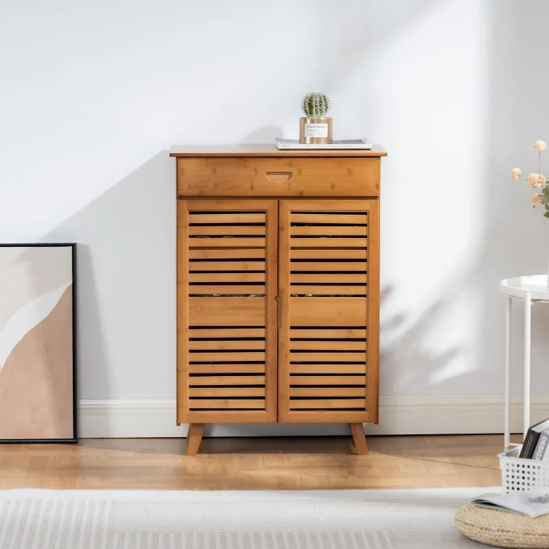 Bamboo Shoe Cabinet, Widen   Storage Cabinet,  Cabinet with1 Drawer and 2 Doors for Entryway, 4 Tier   Storage