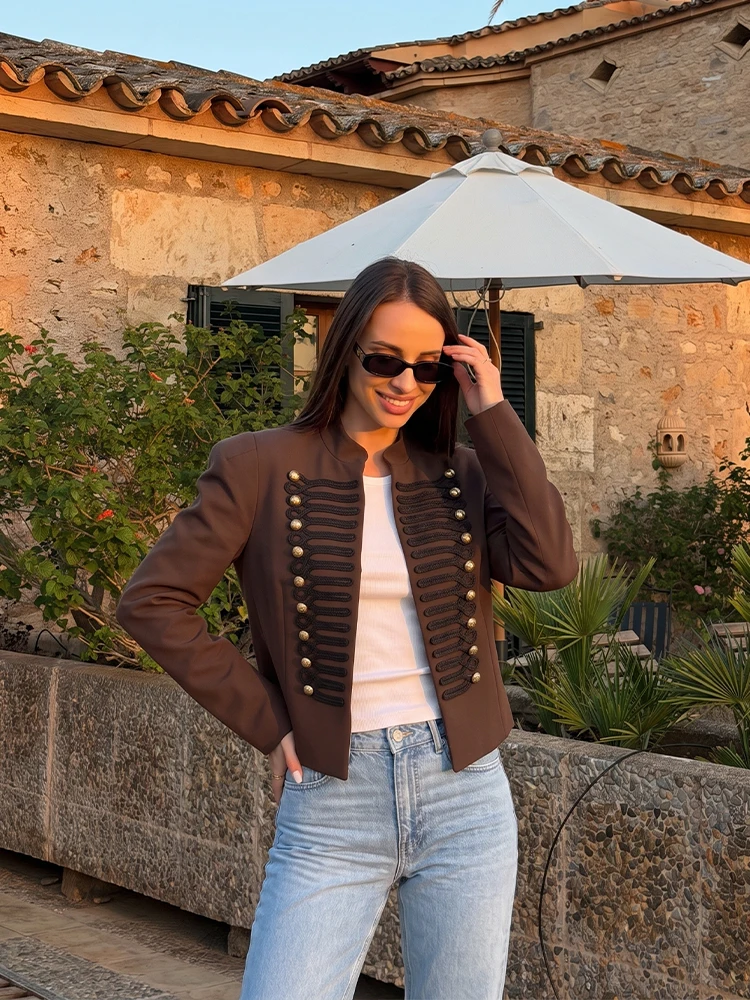 HH Women Vintage Solid Jacket Stand Collar Double Row Metal Button Long Sleeve Slim Outwear 2026 Autumn Fashion High Street Coat