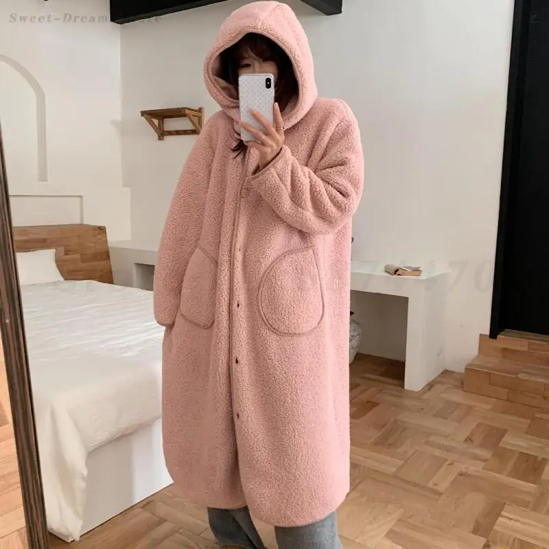 

Coral Fleece Nightgown Thickened Hooded Nightdress Winter New Sleepwear Home Dressing Loose Casual Bath Robe Kimono Home Wear
