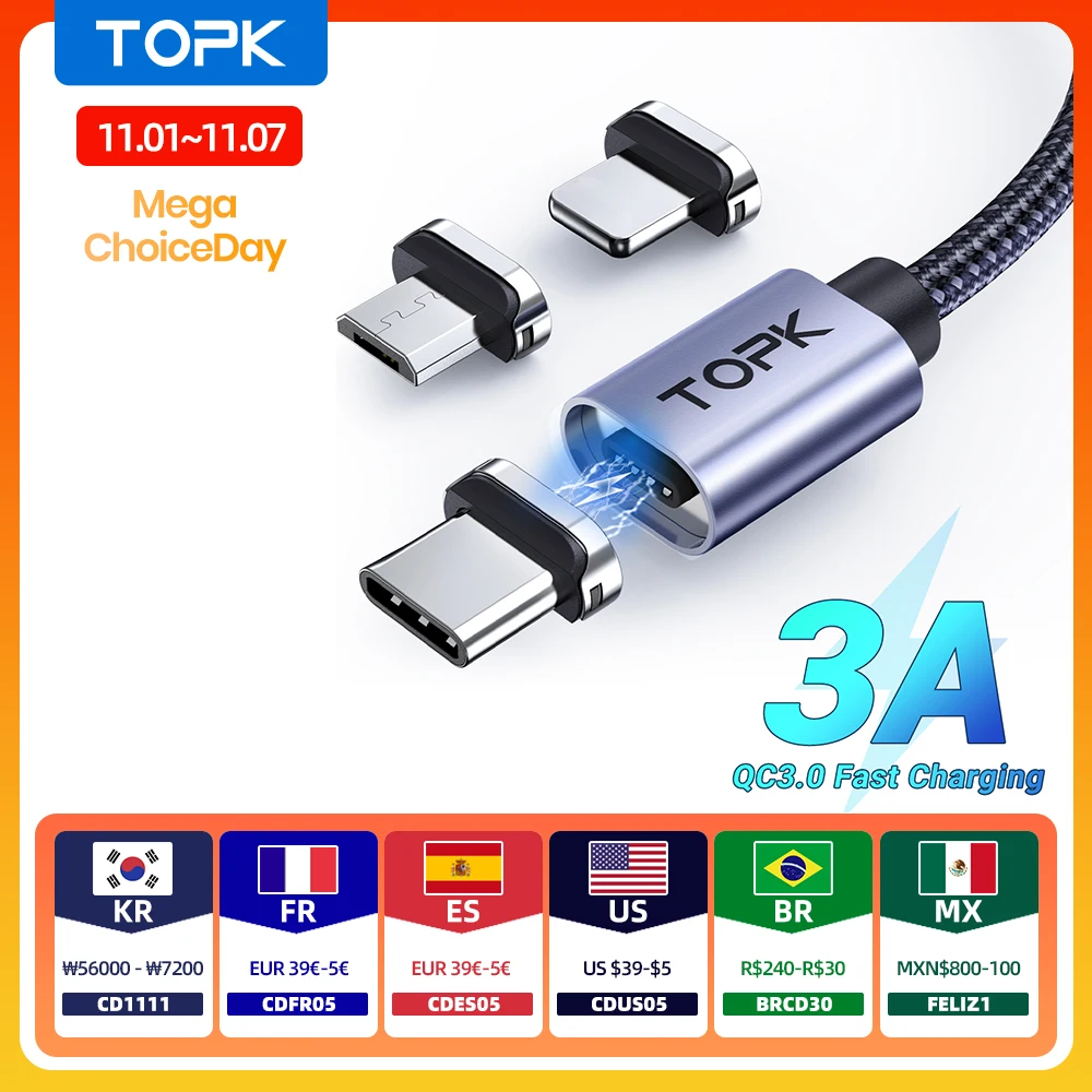 TOPK Magnetic Charging Cable 3A Micro USB Type C Cable with Led Light Magnet Phone Charger Cord for iPhone Android Devices