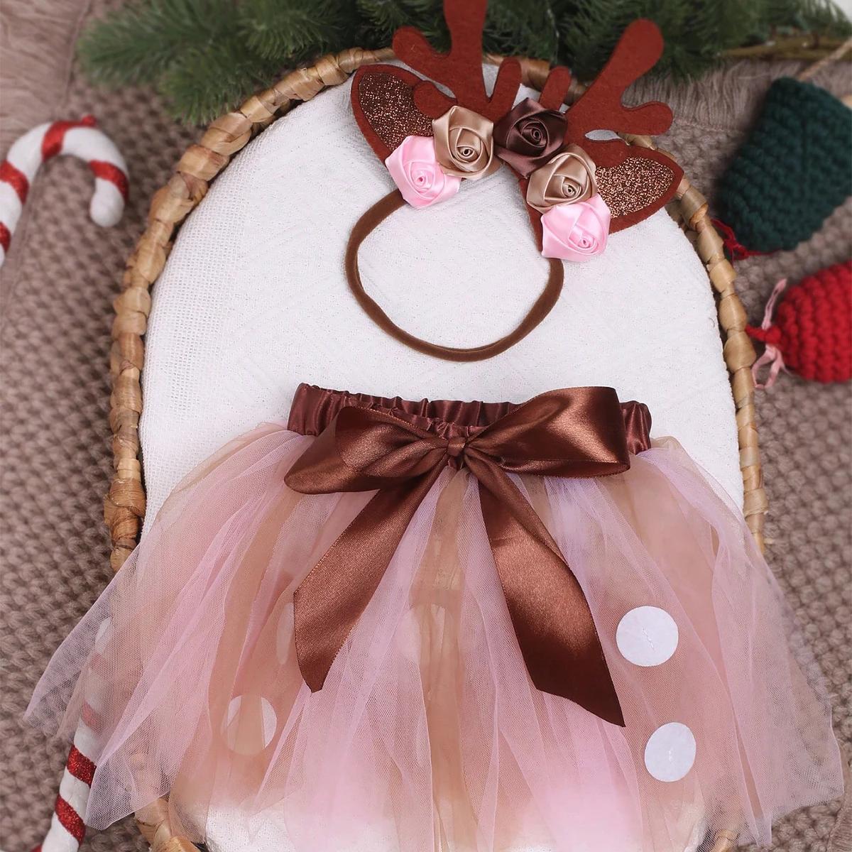 Ylsteed Newborn Girl Christmas Deer Outfit for Photo Shooting  Infant Photography TUTU Skirt with Flower Headband Picture Props