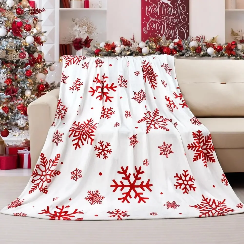 Christmas Snowflake Throw Blanket White Red Snow Print Holiday Sofa Decor For Home Couch Ornament
