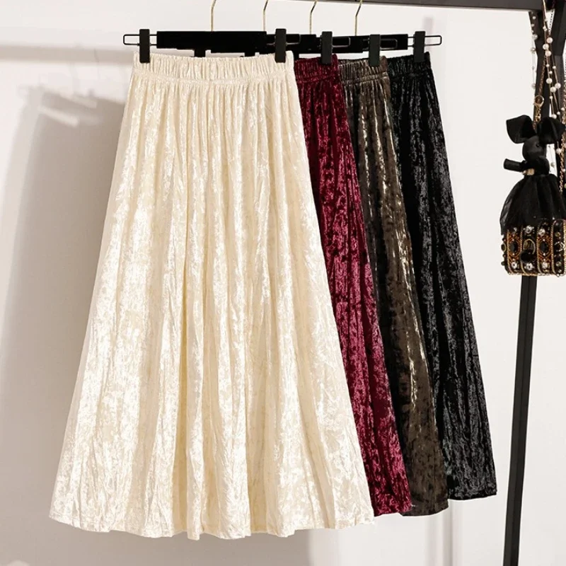 Burgunderroter Plissierter Samt-Midi-Rock für Damen, A-Linie, Herbst/Winter 2026, Vielseitig, Figurbetont, Mittellang, Lässig, Vielseitige Halbrocke – Detail 1