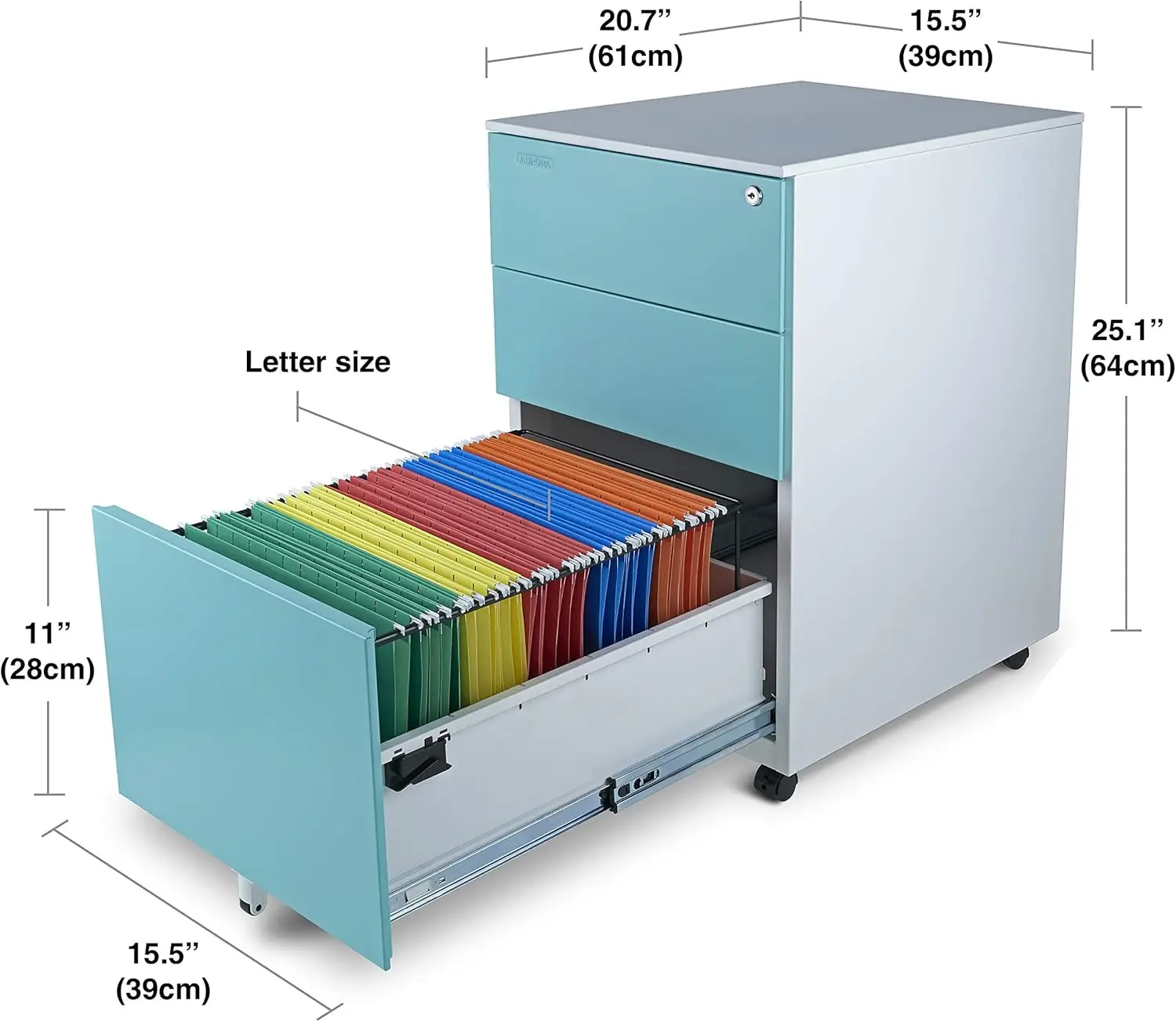 Mobile File Cabinet 3-Drawer Metal with Lock Key Sliding Drawer, White/Aqua Blue, Fully Assembled, Ready to Use