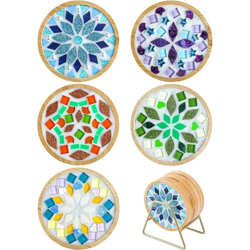 

ABGE-Christmas DIY Mosaic Tile Kits 5 Sets For Crafts, Mixed Color Mosaic Craft Kits With Bamboo Coaster For Drinks Tray For Hom