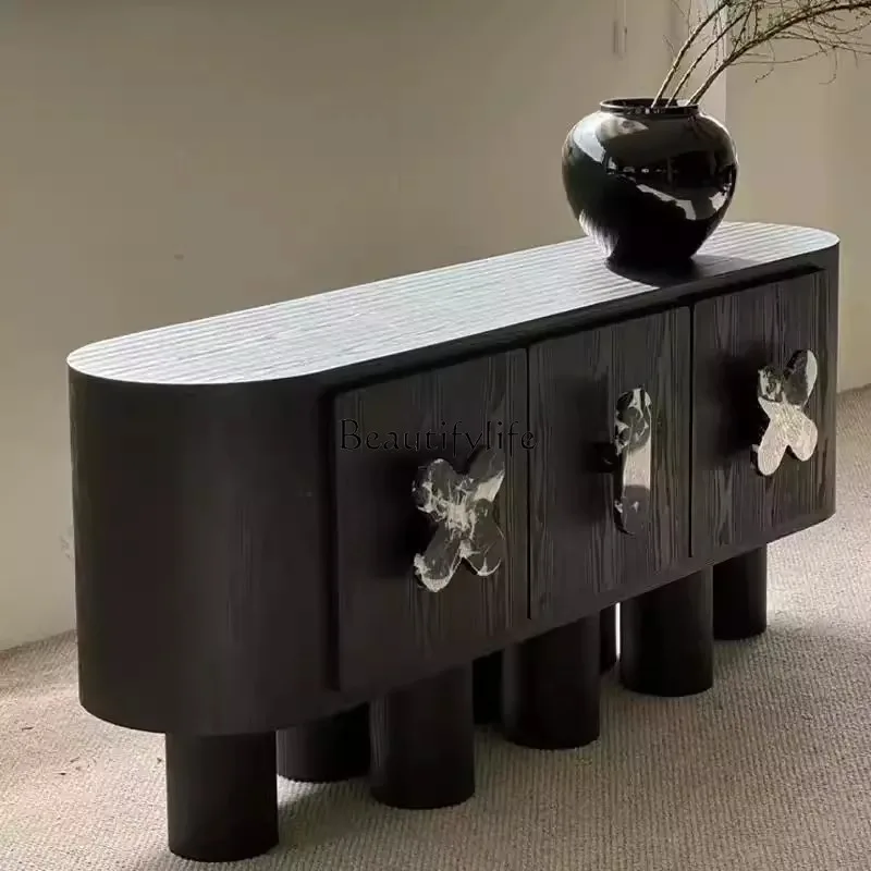 

Medieval creative solid wood living room dining side cabinet against the wall integrated storage French side cabinet black