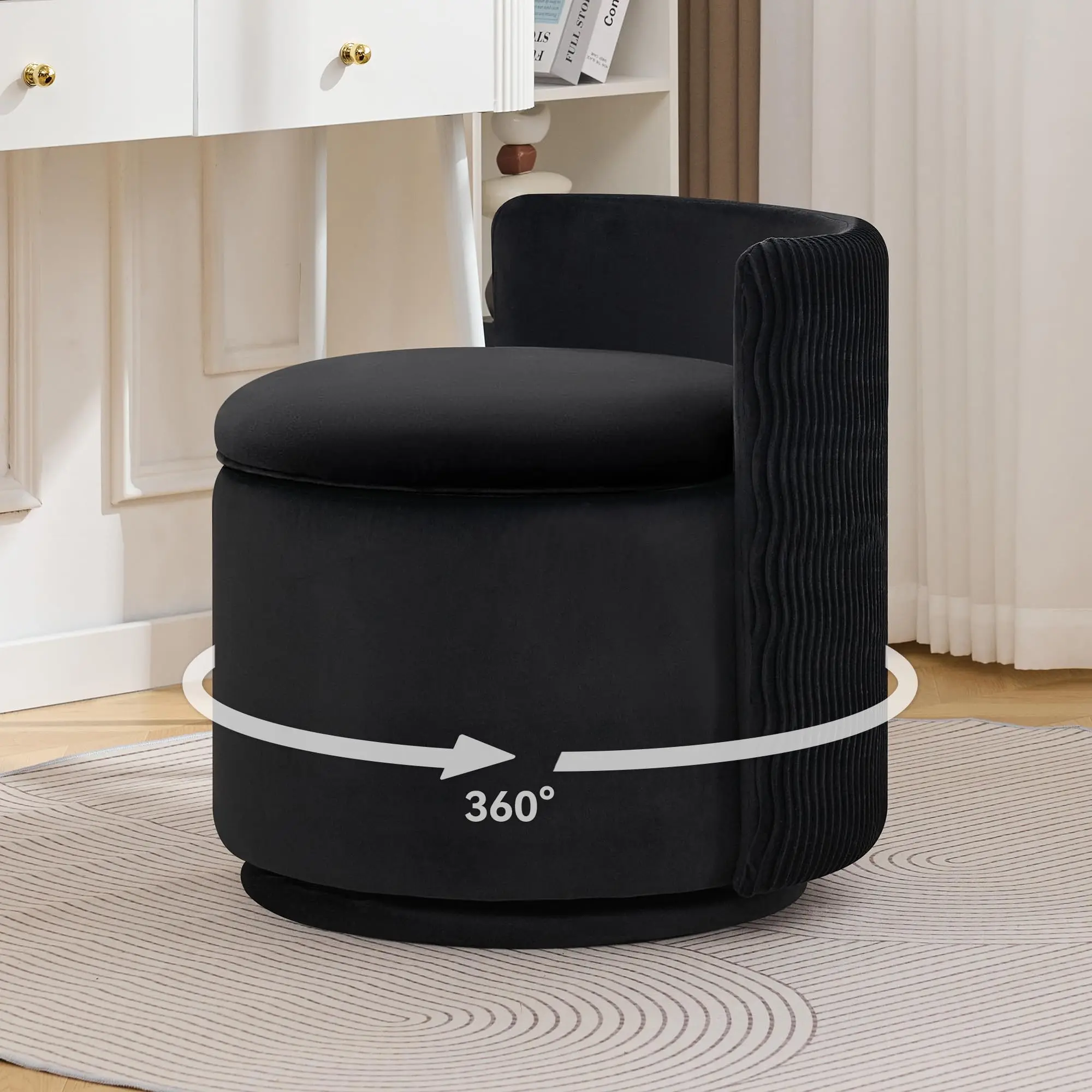 Large Velvet Vanity Chair with Storage, 360° Swivel Makeup Chair with Wave Back, No Assembly Small Accent Stool for