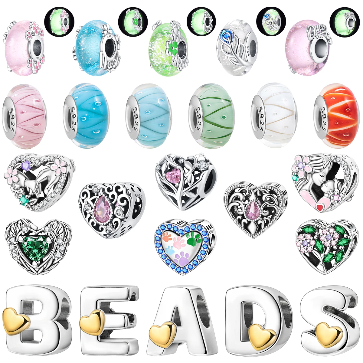 

925 Sterling Silver Heart-shaped Charm Luminousm Glass Bead Love Letter Fit Original Necklace Bracelet woman DIY Jewellery Gifts