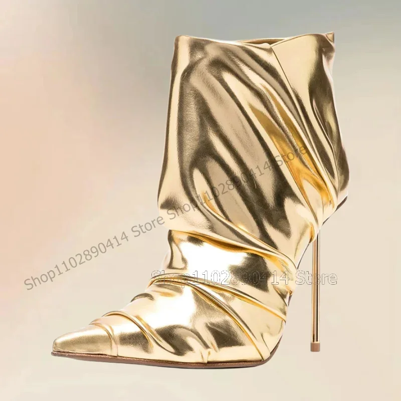 

Gold Glitter Pleated Design Pointed Toe Boots Slip On Women Shoes Thin High Heels Fashion Party Banquet 2025 Zapatos Para Mujere