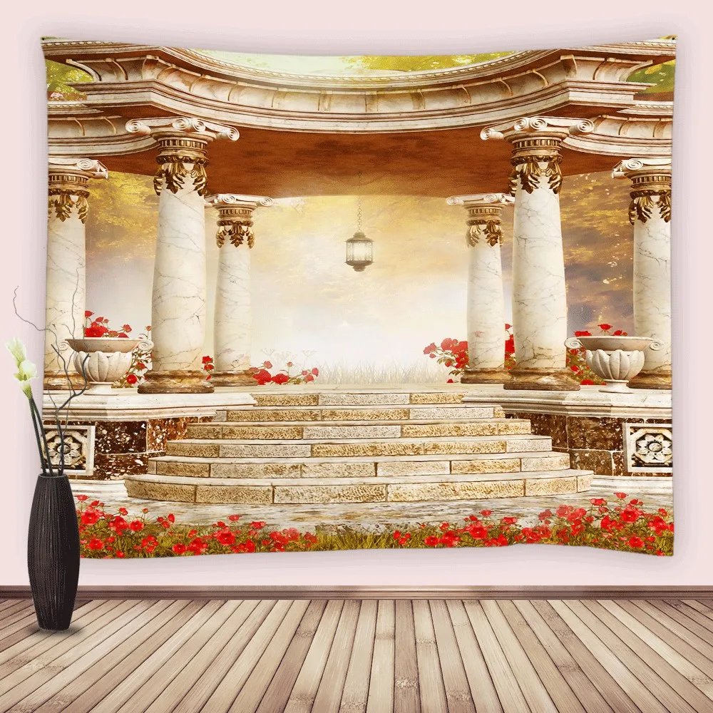 Fantasy Garden Architecture Tapestry Psychedelic Flowers Landscape Roman Column Wall Hanging Tapestry for Living Room Dorm Decor