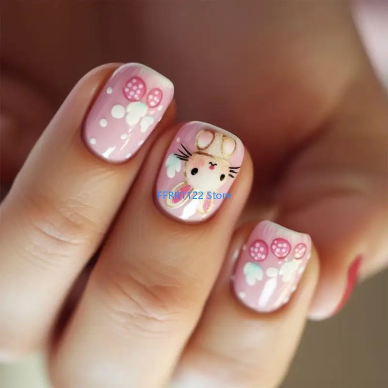 

Y1UF 24pcs Square Press on Short Length False with Rabbit Designs for Women