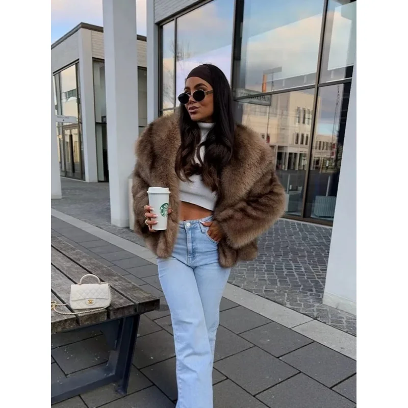 Winter Women's Medium-Length Faux Fur Coat with Striped Big Fur Collar Trendy Outerwear for Ladies