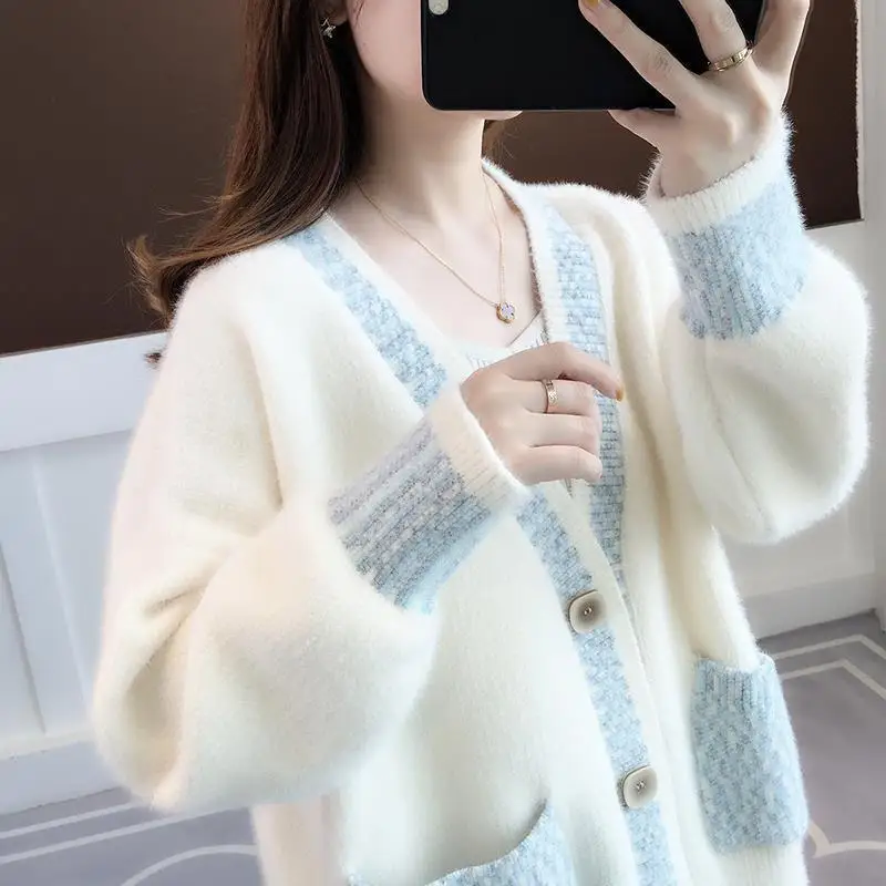 Mink Fleece Sweater Cardigan Women\'s 2024 New Spring and Autumn Thickened Loose Mid Length Knitted Coat Winter Clothes Women