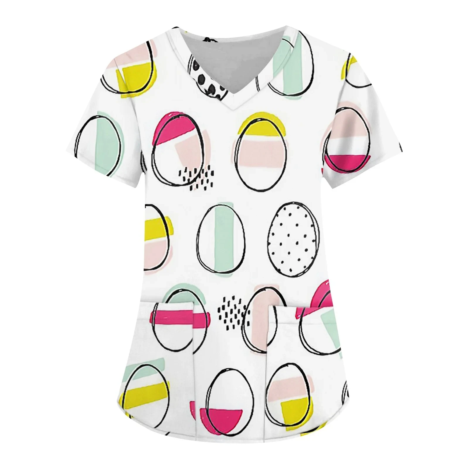 Scrub Medical Woman Easter Egg Prints Spa Vet Nurse Fashion V-Neck Short Sleeve Patch Pocket Microelastic Clinical Uniform Woman