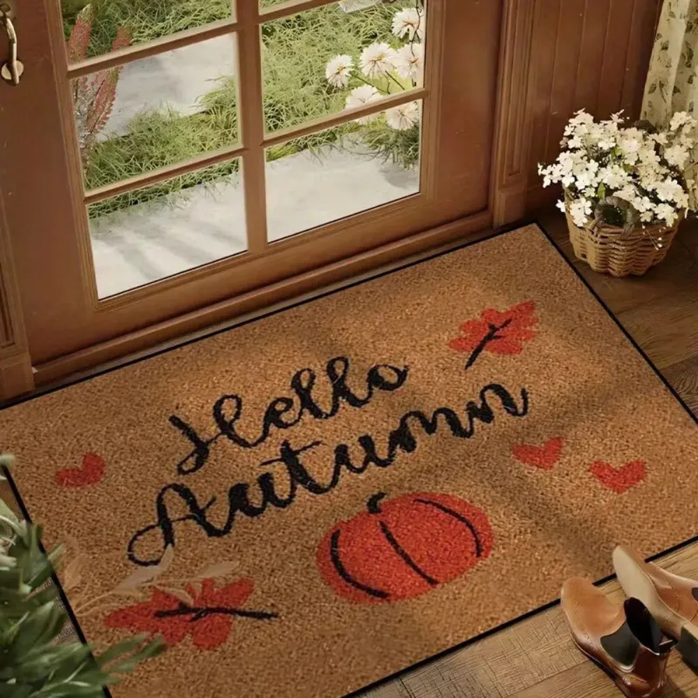 

Autumn Pumpkin Floor Mat for Home Entrance Easy to Clean Dirt Resistant Maple Leaf Decorative Entryway Doormat Indoor Outdoor