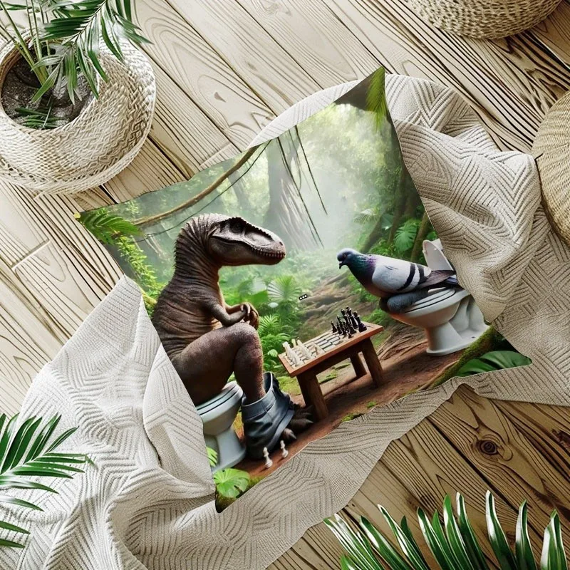 1pc Surreal Jungle Dinosaur Pigeon Chess Print Polyester Pillowcase Zipper Cushion Cover Machine Washable