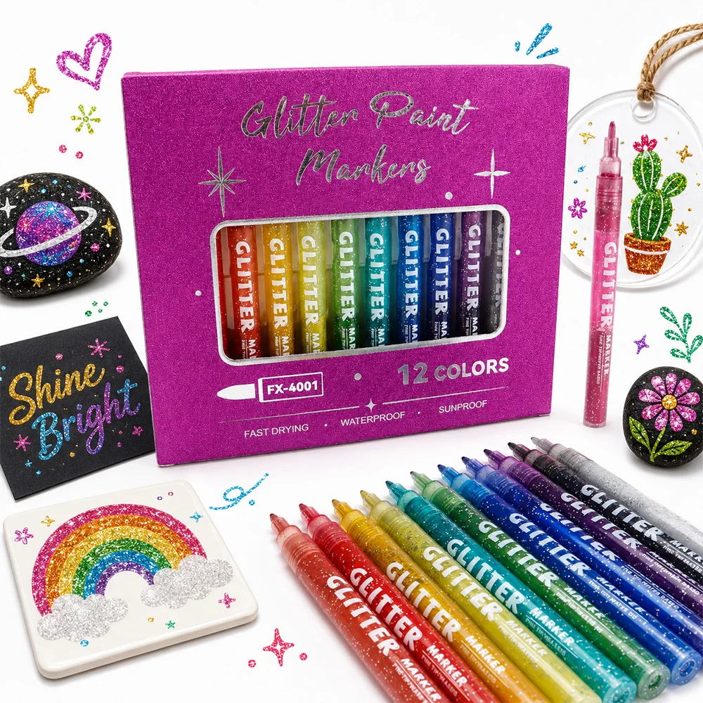 12/24 Farben Glitzer-Pinselspitzen-Marker-Set für Künstlerische Malerei, Dekoration, Basteln, Karten, Keramik, Glas, Glanzstifte, DIY-Kunstbedarf