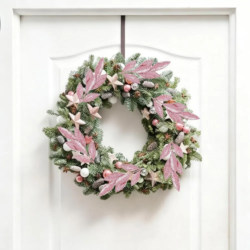 3/12 Stück Rosa Glitzernde Blätterzweige Künstliche Stiele für Weihnachtsbaum DIY Kranz Hochzeitstisch-Dekoration Winterparty-Deko – Detail 4