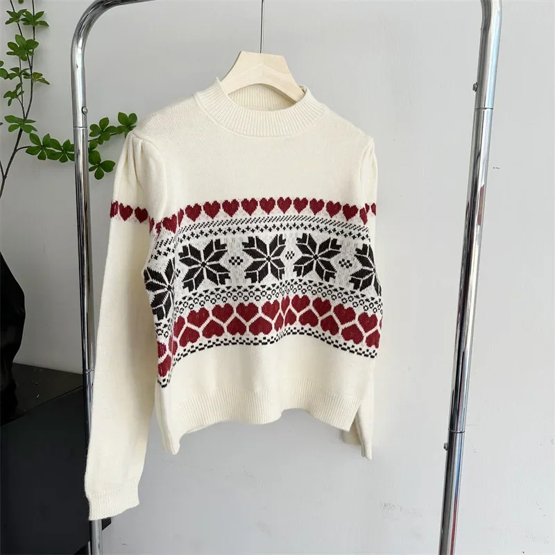 Vintage  Fair Isle Crew Neck Jumper Heart Pattern Knitted Pullovers Christmas Sweater Holiday Knitwear Autumn Women Outerwear