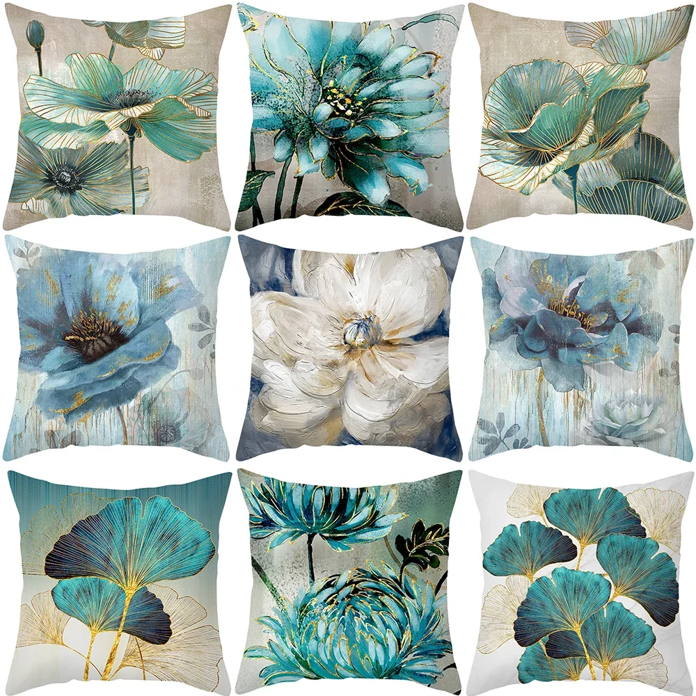 Oil Painting Flowers Gold Decorative Pillows for Sofa Glitter Pillow Case Home Decor Polyester Cushion Cover Housse De Coussin