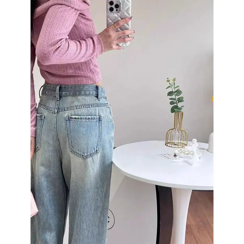 Embroidery Sequins Jeans Women Harajuku NEW Blue  Baggy Casual Pants Vintage Aesthetic Pants  Wide Denim Trousers