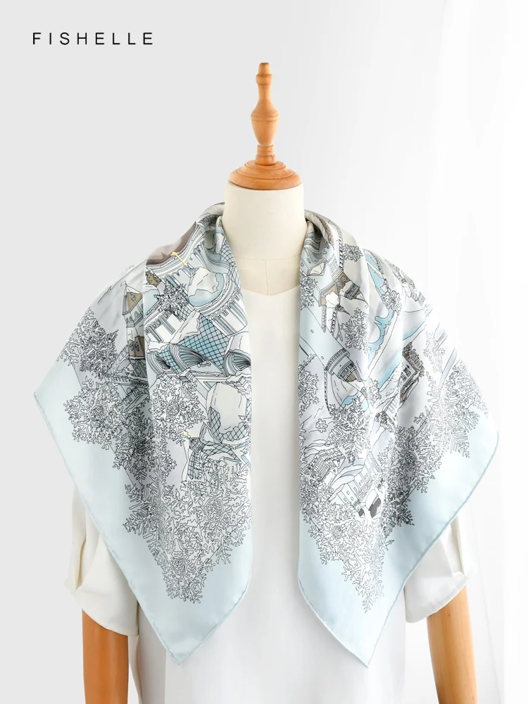 Light blue snow 100% natural silk scarf square head scarves twill luxury gift women wrap bandana hijab shawl lady neckerchief