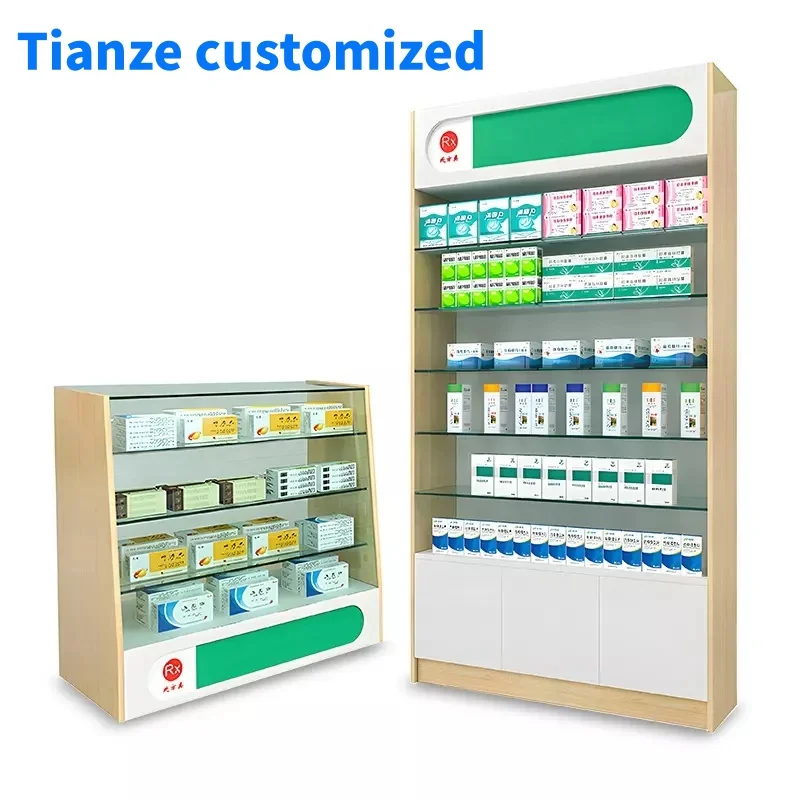 （customized）Pharmacy Store Drugstore Glass Shelves Showcase Dispensary Counter Display Medical Shop Interior Design