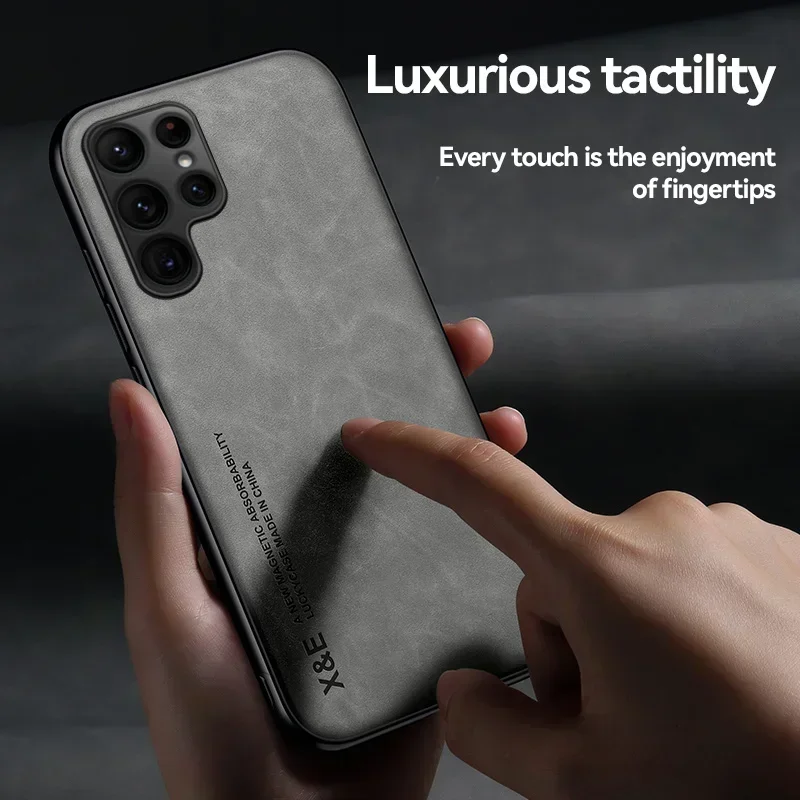 Luxury Leather Case For Samsung S25 S24 S23 Ultra FE A56 A55 A36 A35 A26 A15 A16 5G Cover With Metal Plate Support Car Hold