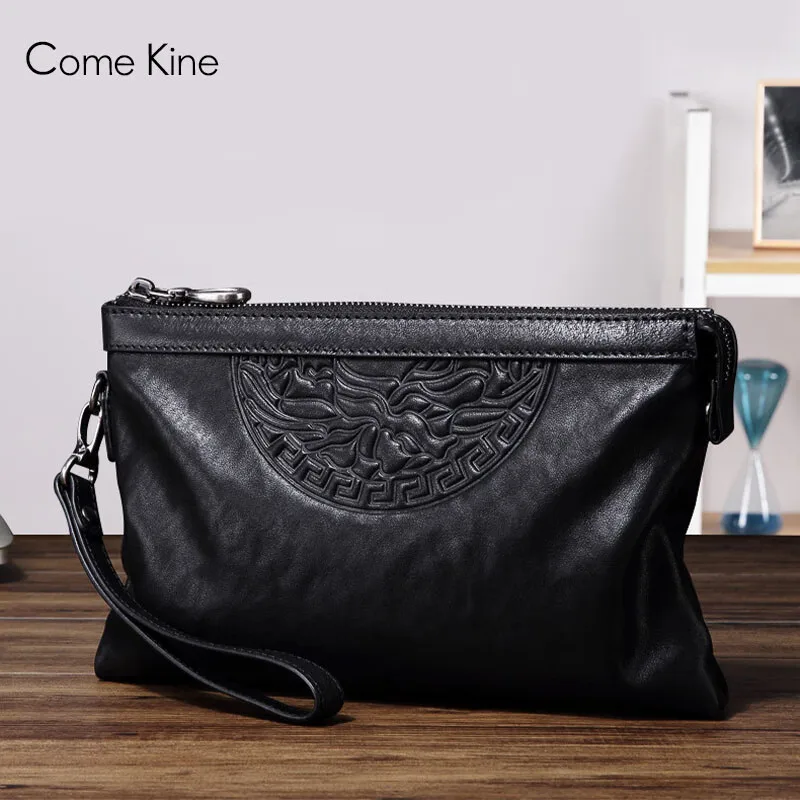 ComeKine Handbag Men\'s Cowhide 2023 New Fashion Envelope Handgrip Bag Soft Leather Large Capacity Handbag Business Black Handbag